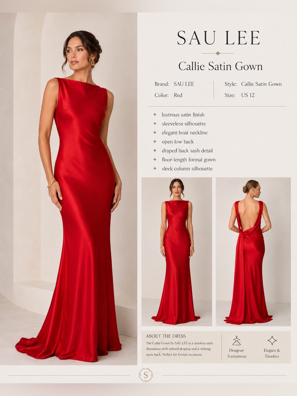 SAU LEE Callie Satin Gown Red Open Back Formal Maxi Dress US Size 12 - Picture 11 of 11